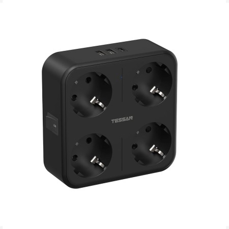 TESSAN Ladron Enchufes Plano con USB C, Enchufe Multiple 4 Schuko con 3 USB, Cargador Multiple 4000W, 7 en 1 Ladron con