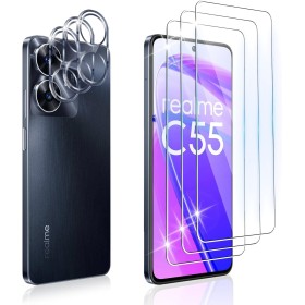 Dabuu 3 Piezas Protector de Pantalla para Realme C55 + 3 Piezas Protector de Lente de Cámara, 9H Dureza, Anti-Arañazos, HD
