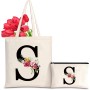 Letras Personalizadas Tote, Bolso Tote de Mujer con Inicial y Flores Bolsa de Compras con Bolsillo Interior, Alfabeto Bolso de