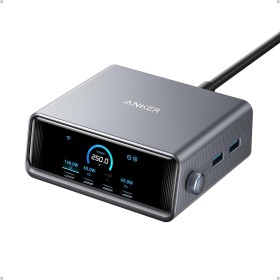 Anker Prime GAN Cargador USB C Carga Rapida 250 W, Estación de 6 Puertos, Pantalla LCD de 2,26" y Dial de Control Inteligente