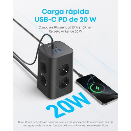 Anker Regleta de enchufes con protector contra subidas de tensión 12 en 1 con interruptor (13 A, 2990 W),carga rápida USB-C de