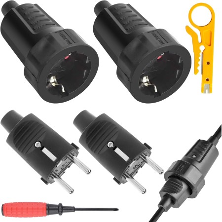 HTTYHT 2 pares Enchufe y Acoplamiento Schuko 250V 16A IP44 Juego de acoplamientos de enchufes con protección contra dobleces 2