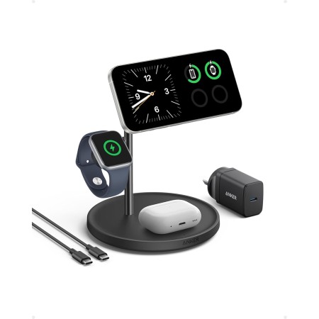 Anker MagGo Estación de Cargador Inalámbrico iPhone 3 en 1 Magsafe 15W, Cargador Inalambrico Compatible con MagSafe para iPhone