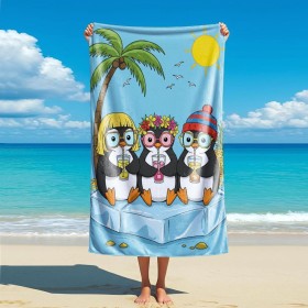 Kawaii - Toalla de playa de pingüino 3D - Toalla de playa de microfibra de gran tamaño con estampado de pingüinos de dibujos