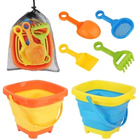 Gosknor 7 Uds Juego Juguetes de Playa para Niños 3 a 5 Años, 2 Cubos Plegables con 4 Palas Juguetes de Arena y Bolsa Malla para