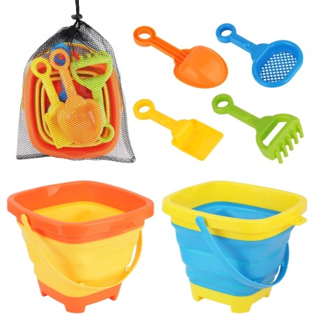 Gosknor 7 Uds Juego Juguetes de Playa para Niños 3 a 5 Años, 2 Cubos Plegables con 4 Palas Juguetes de Arena y Bolsa Malla para