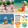 Gosknor 7 Uds Juego Juguetes de Playa para Niños 3 a 5 Años, 2 Cubos Plegables con 4 Palas Juguetes de Arena y Bolsa Malla para