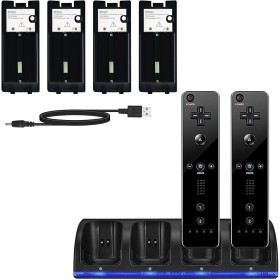 Estación de carga Wii 4 en 1 estación de carga para mando Wii con 4 pilas recargables e indicadores LED para mando Wii (Negro)