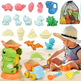 Ulikey Juguetes de Playa para Niños, Juguete Arenero Dinosaurio para Chico Chica, con Rueda de Agua, Bolsa de Malla, Moldes de