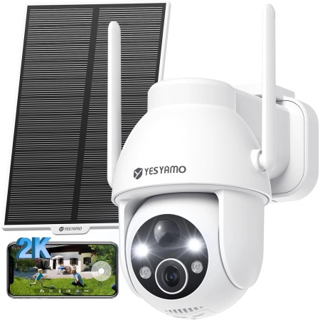 YESYAMO 2K Cámara de vigilancia WiFi exterior inalámbrica solar, 2.4GHz cámara exterior solar con panel solar, 360grados PTZ,