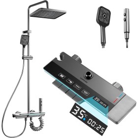 JUPPLIES Columna de Ducha Termostatica con Pantalla Digital LED, Cabezal de Ducha XL estilo Lluvia, Ducha de Mano, Rociador
