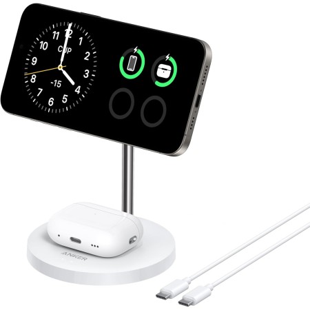 Anker Base de Cargador Inalambrico iPhone Ajustable 2 en 1 con Cable USB-C de 1,5m, Doble Led Carga de 15W Máx, Compatible con