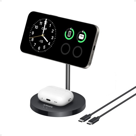 Anker Base de Cargador Inalambrico iPhone Ajustable 2 en 1 con Cable USB-C de 1,5m, Doble Led Carga de 15W Máx, Compatible con