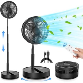 LIPETY Portable Folding Oscillating Standing Fan, 9" 7200mAh Rechargeable Battery USB C Small Table Fans with Remote Control,