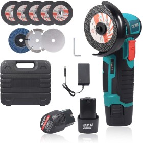 Mini Amoladora Bateria, QIUMIN 75mm Amoladora Angular 12V 19500 RPM con 2 Baterías de 1500mAh, 8 Discos de Corte, Amoladora