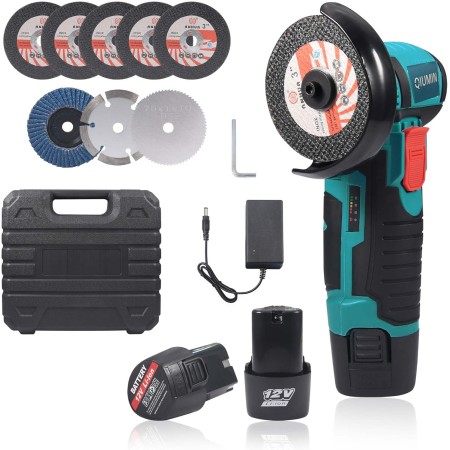Mini Amoladora Bateria, QIUMIN 75mm Amoladora Angular 12V 19500 RPM con 2 Baterías de 1500mAh, 8 Discos de Corte, Amoladora