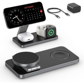 Cargador inalámbrico con mag-Safe, estación de Carga iPhone 3 en 1 para Apple Watch, Cargador inalámbrico inductivo Plegable