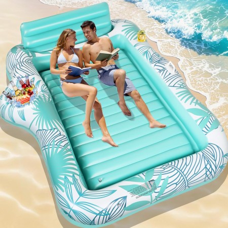 Charmofun Flotador Inflable de Bronceado Grande, Colchoneta Hinchable Piscina con Portavasos y Barra de Hielo, Piscina Bronceado