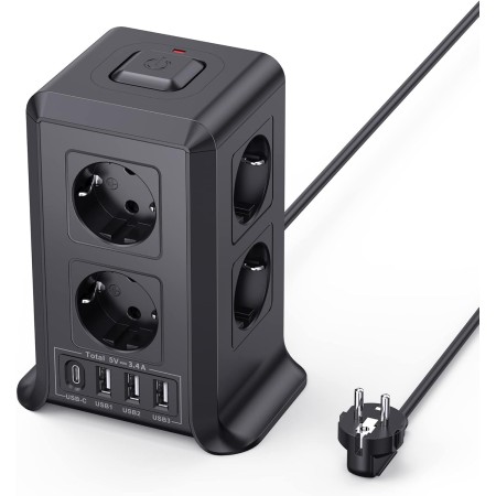Torre Regletas Enchufes, Regleta USB 8 Tomas de AC y 4 USB Enchufe Multiple, 2500W/10A,Regleta Enchufes Proteccion Sobretension,