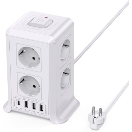Torre Regletas Enchufes, Regleta USB 8 Tomas de AC y 4 USB Enchufe Multiple, 2500W/10A,Regleta Enchufes Proteccion Sobretension,