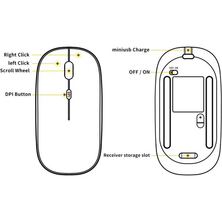 Anmck - Ratón inalámbrico silencioso e inalámbrico USB para Ordenador portátil, Recargable, Rango Remoto de 10 m, 1600 dpi, 3