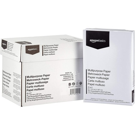 Amazon Basics Papel multiusos para impresora A4 80gsm, 2500 Unidad, 5 Paquetes de 500, Blanco
