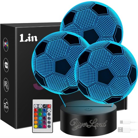 YverLand Lamparita LED con forma de 3 balones de fútbol, 16 colores y mando a distancia. Decoración deportiva para dormitorios y