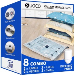SUOCO Bolsas al Vacío Ropa, Juego de 8 Bolsas (2J + 2L + 2M + 2S) con Bomba Eléctrica, Bolsas de Almacenaje al Vacío para Ropa y