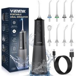 Irrigador Bucal Portatil, Vimmk Irrigador Dental Inalámbrico Profesional 8 Boquillas 5 Modos, IPX7 Impermeable 300ML USB-C