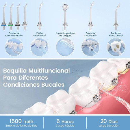 Irrigador Bucal Portatil, Vimmk Irrigador Dental Inalámbrico Profesional 8 Boquillas 5 Modos, IPX7 Impermeable 300ML USB-C