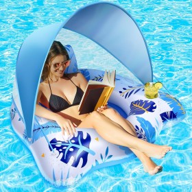 JONRRYIN Flotadores Piscina Adultos, Inflable Flotador con Sombrilla, Flotador Anillo Hinchable con Portavasos, Flotante Barco