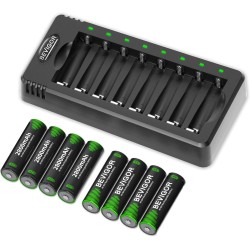 BEVIGOR Pilas Recargables AA Ni-MH, 8 Unidades De Pilas AA con Cargador De 8 Posiciones para Carga Rápida