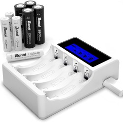 Bonai - Cargador de Pilas Recargables rápido (AA/AAA, 4 Ranuras LCD,, con 4 Pilas Recargables AA 2800 mAh, Ni-MH y 4 Pilas