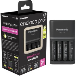 eneloop Pro SmartPlus Cargador, para 1-4 Pilas Recargables AA/AAA, 2h de Tiempo de Carga, 10 Funciones de Seguridad, 4 Pilas