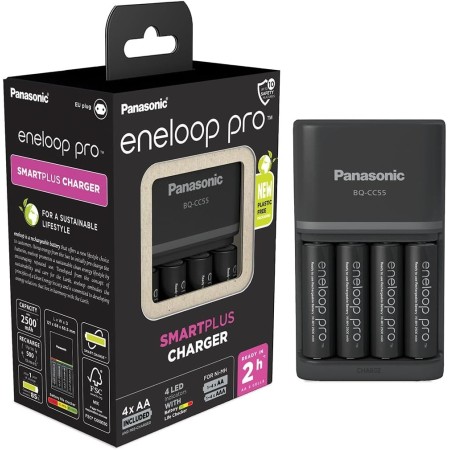 eneloop Pro SmartPlus Cargador, para 1-4 Pilas Recargables AA/AAA, 2h de Tiempo de Carga, 10 Funciones de Seguridad, 4 Pilas
