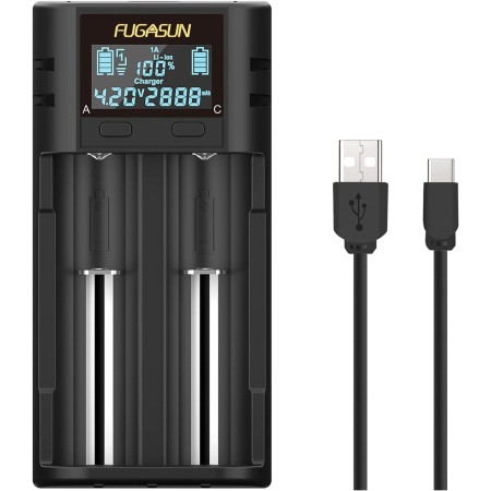FUGASUN Cargador de Batería USB Inteligente, Cargador de Pilas 21750 21700 18650 20700 22700 26650 26700 16340 (RCR123) 17650