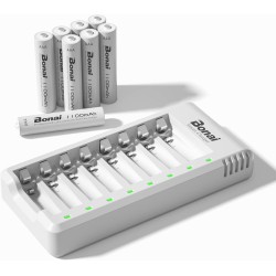 BONAI Cargador de Pilas Recargables con 8 Piezas de 1100mAh AAA Ni-MH Pilas Recargables, 8 Ranuras Independientes con Luces