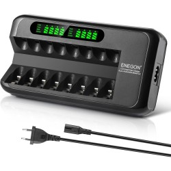 ENEGON Cargador de Pilas Recargables Rápido Con Adaptador de CA y Pantalla LCD Inteligente - 8 Ranuras Independientes Para AA