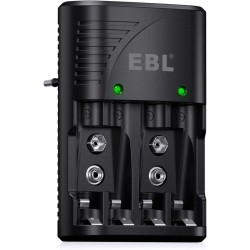 EBL 4 Ranuras Cargador de Pilas AA AAA 9V, Rápido Cargador Plug, Multifuncional Cargador de Baterías para AA AAA 9V Pilas