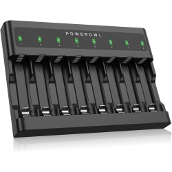 POWEROWL Cargaor de Pilas AA AAA de 8 Bahías, Ranura Independiente, Carga USB para Pilas Recargables Ni-MH Ni-CD AA AAA