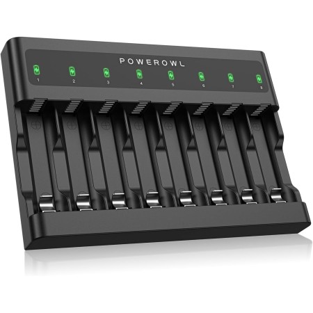 POWEROWL Cargaor de Pilas AA AAA de 8 Bahías, Ranura Independiente, Carga USB para Pilas Recargables Ni-MH Ni-CD AA AAA