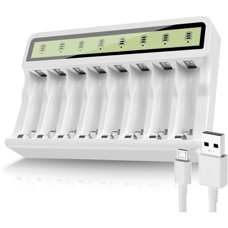 POWEROWL Cargaor de Pilas AA AAA de 8 Bahías, Ranura Independiente, Carga USB para Pilas Recargables Ni-MH Ni-CD AA AAA