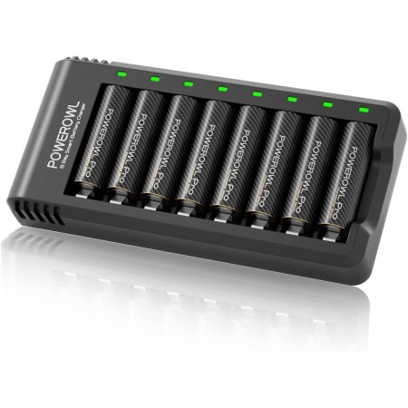 POWEROWL Cargador de Pilas AA, AAA con 8 Unidades de AA 2800mAh Ni-MH Pilas Recargables con Luces LED(Carga rápida USB, Ranura