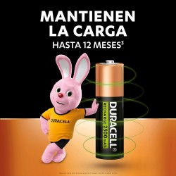 Duracell pilas recargables AA (Paquete de 4), 2500 mAh NiMH, precargadas, nuestras pilas recargables no. 1 en duración, con 0%