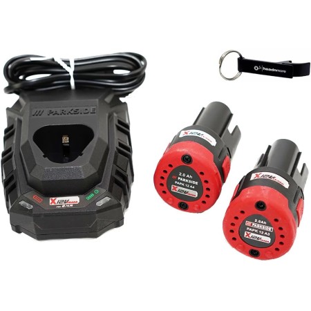 HEADNMORE® Bundle Parkside® - Juego de baterías (12 V, 2 Ah, 2 baterías, 12 A4, 2 Ah, incluye cargador PLGK 12 A3 y llavero