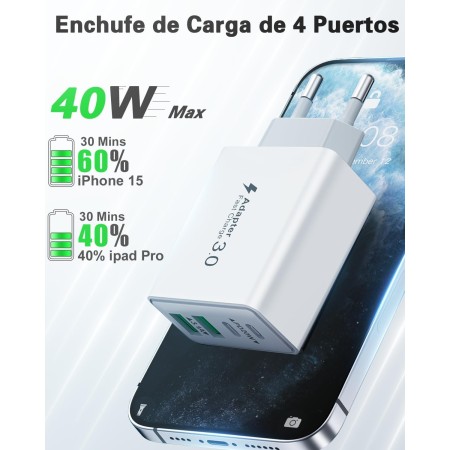 Cargador USB C 40W, Cargador iPhone Carga Rapida Múltiple USBC Enchufe PD+QC Rápido Pared Adaptador Tipo C Movil Cargadors para