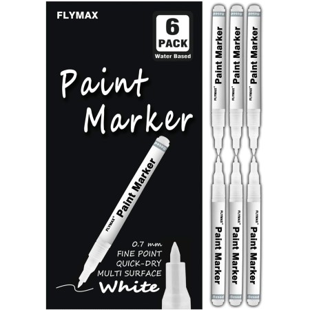 FLYMAX Lote de 6 rotuladores blancos de 0,7 mm para madera, piedra, plástico, cuero, piedra, metal, lona, cerámica, punta extra