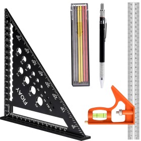 Escuadra Carpintero 180mm, Escuadra Combinada 300mm, Metalicas Carpintero con Nivel de Burbuja,Lápiz Metálico e 12 minas de