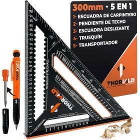 THORVALD 5 en 1 Escuadra Carpintero 300 mm + Lápiz de Obra – Multifunción: Trusquin/Transportador/Corte de Viga/Escuadra de