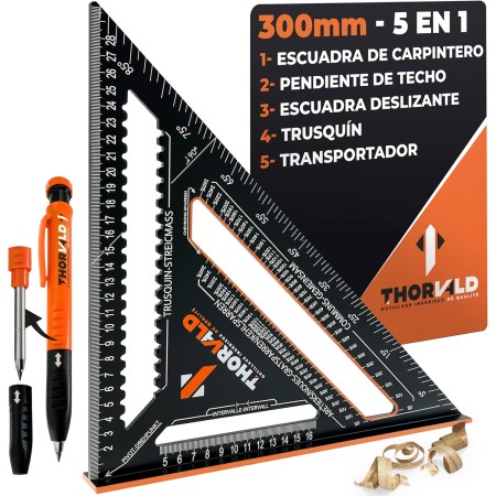 THORVALD 5 en 1 Escuadra Carpintero 300 mm + Lápiz de Obra – Multifunción: Trusquin/Transportador/Corte de Viga/Escuadra de